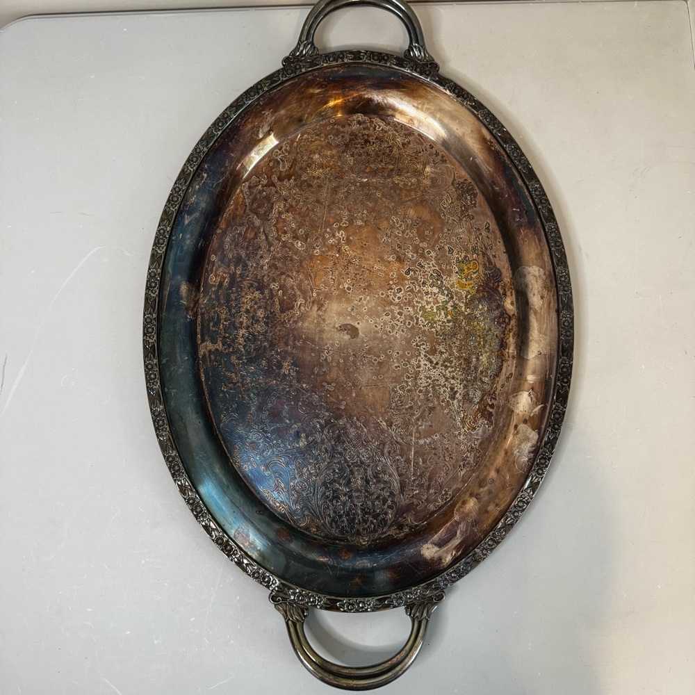 VTG WM‎ Rogers Victorian Floral Rose Silverplate Handled Oval Serving Tray 580